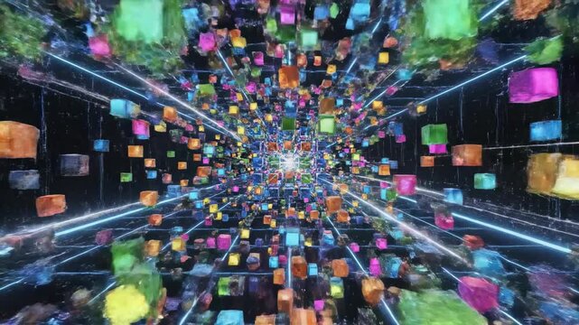 Seamlessly looping motion graphic showing colorful geometric abstract data cubes dynamically assembling and dissolving in a complex three dimensional space transformation, innovation, connection