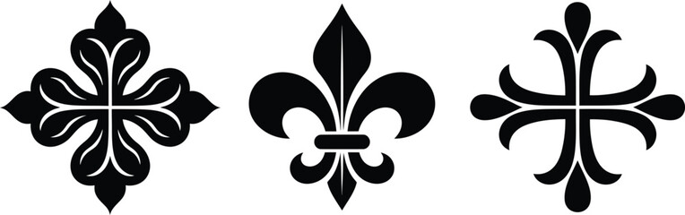 set of three black fleur de lis and cross designs on white background © Saidurra12