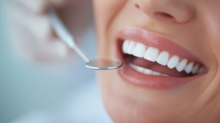 A woman smiles during dental examination with mirror tool reflecting white teeth. Dentist performs professional checkup in clinic. Healthy smile and oral care concept presented