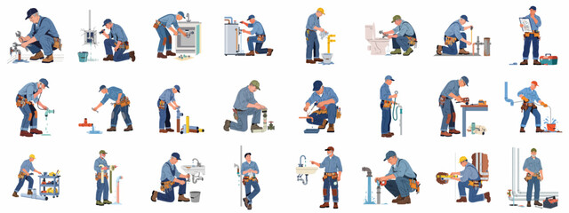 Fototapeta premium Professional Plumbers Working: A Set of Illustrations Depicting Various Plumbing Repairs, Installations, and Maintenance Tasks.