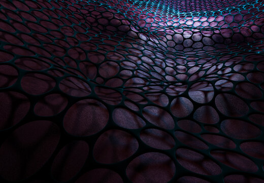 3D rendering of abstract nanocarbon tunnel structure with red futuristic surface