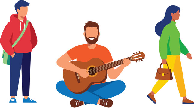 Vector illustration of a street musician playing acoustic guitar while people walk by with a backpack and handbag, 190 characters