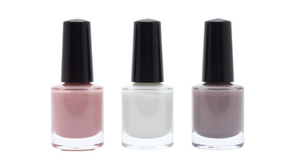Obraz premium Three bottles of pastel nail polish in pink, white, and taupe colors isolated on transparent background
