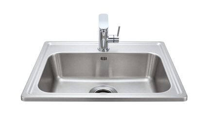Fototapeta premium Clean stainless steel kitchen sink with modern faucet isolated on white, reflecting simplicity and hygiene