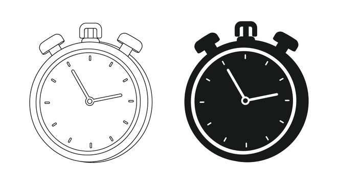 Two depictions of a stopwatch are presented one outlined and one as a contrasting black silhouette high quality professional