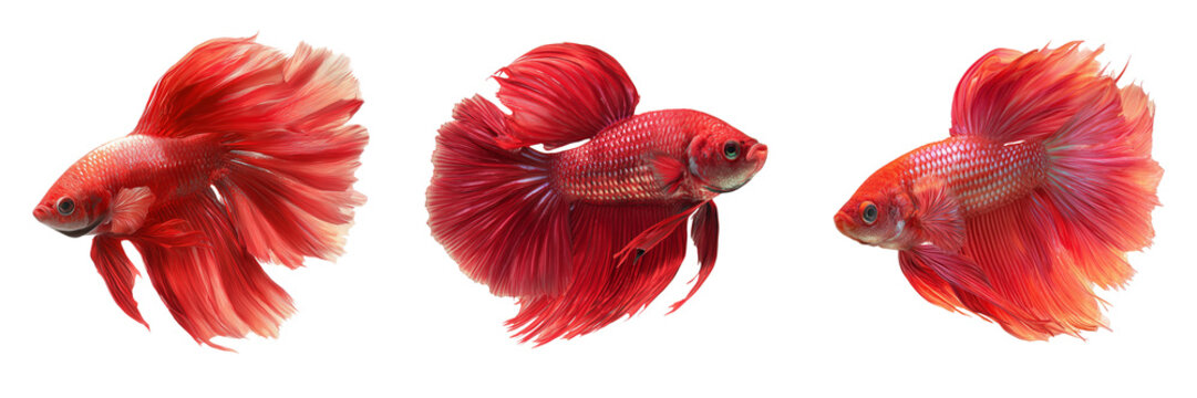 Set of Elegant red fish angled slightly upward as if swimming crisp edges for easy cutout on transparent png background. Ai generated