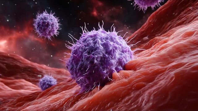 3D visualization of immune cells attacking pathogens in a crimson environment with swirling cosmic elements
