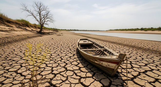 Dry cracked earth with abandoned boat and dead tree by river - generated AI.