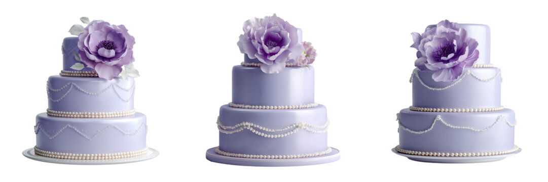 Set of Luxury wedding cake with flowing purple floral arrangement and fine icing texture on transparent png background. Ai generated