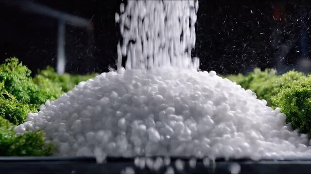Slow-motion footage of white beads cascading down over a mound, surrounded by vibrant green elements in a dark setting