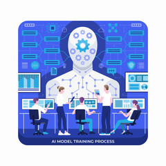 AI model training process. The development team is working on testing, learning and developing the artificial intelligence model. Vector illustration in flat design style.