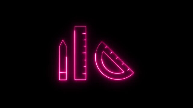 Neon pink pencil, ruler, and protractor drawing animation on a black background. Education. Learning. Design. Engineering. Architecture. School supplies