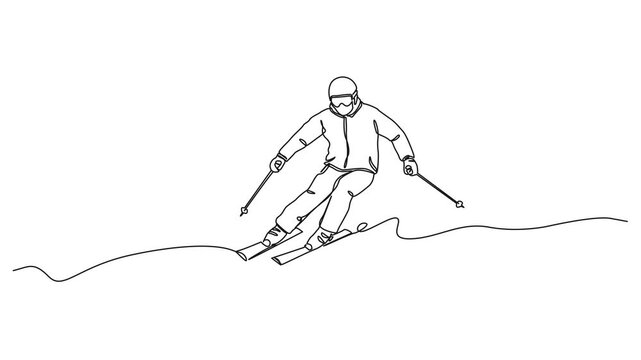 animated continuous line drawing of male skier skiing, line art animation