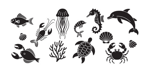 Marine life animals set with fish crab lobster dolphin sea horse turtle jellyfish and coral icons © FARJANAAKTER