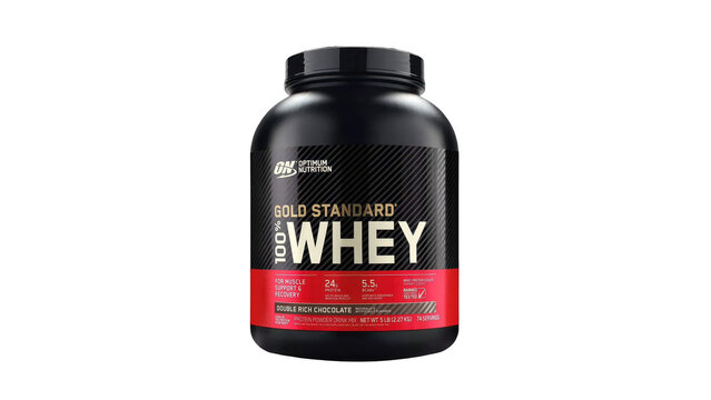 Optimum nutrition gold standard 100% whey protein powder in a black container on a transparent background