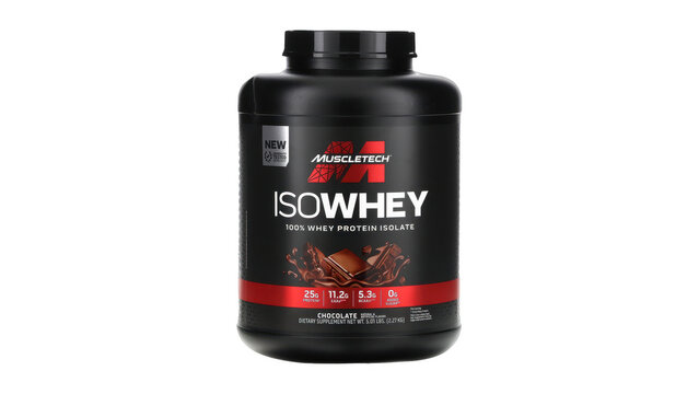 Muscletech iso whey 100% whey protein isolate in chocolate flavor, contained in a black tub on a transparent background
