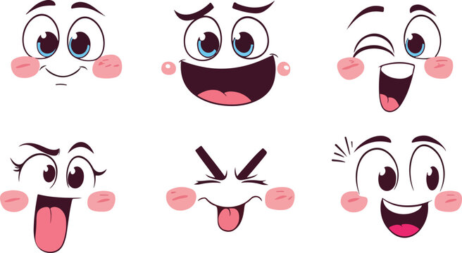 Funny cartoon eyes and faces set vector illustration