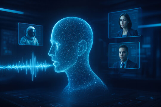 Futuristic AI voice assistant holographic human head profile visualizing full duplex speech to speech model with bi-directional waveform streaming neural codec and avatar screens