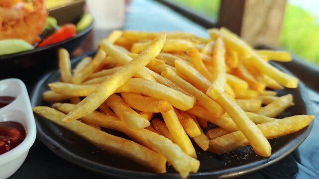 Appetizing French fries served on a black plate Delicious fried potatoes on the table