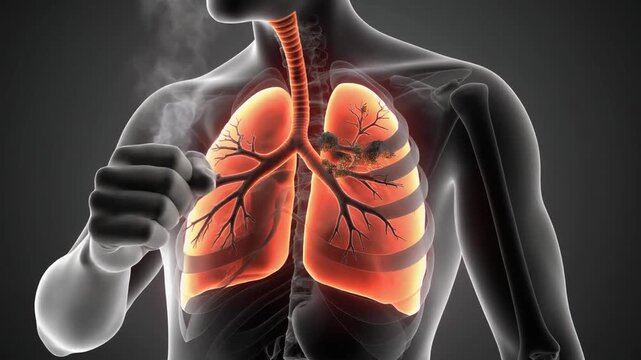 A human body illustration showing highlighted lungs, trachea, and ribcage from a frontal viewpoint