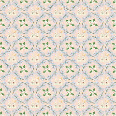 Title: Seamless Easter Bunny Pattern with Delicate Blue Wreath Frames and Floral Accents on Soft Pink