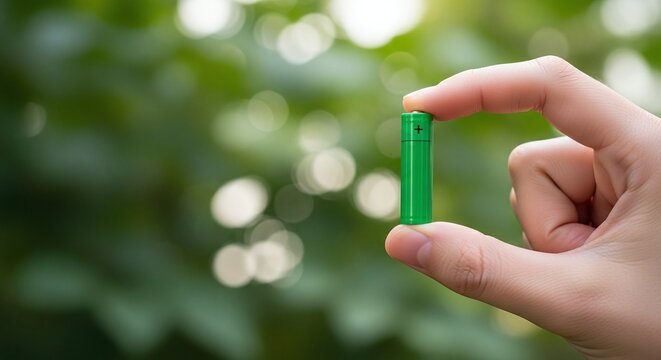 Hand Holding Green Rechargeable AAA Batteries Against a Blurred Nature Background