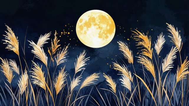 揺れるススキと幻想的な満月の夜