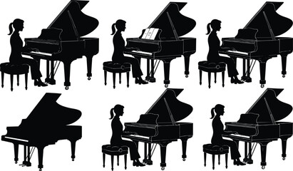 Grand piano silhouette illustration, musician playing artwork, black and white design, music performance concept, artistic posture drawing, educational art, decorative © Rasida