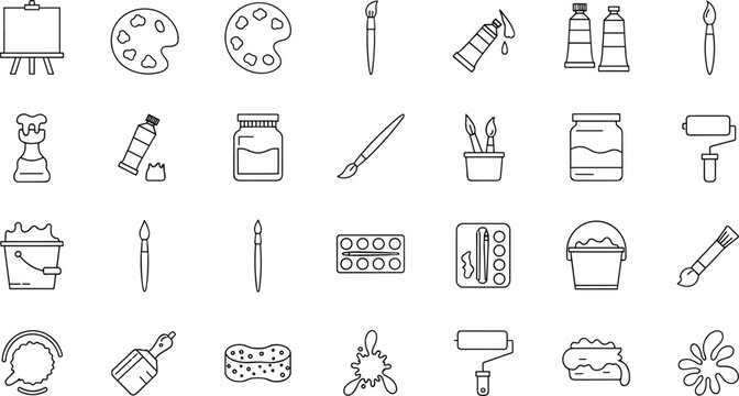 Minimal painting and art supplies line icon set with palette, brushes, paint tubes and tools