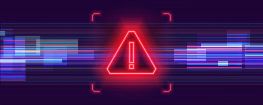 Danger sign. Digital security breach and data protection concept. Hacked system, cyber attack or system failure. Warning symbol on the screen. Vector illustration.