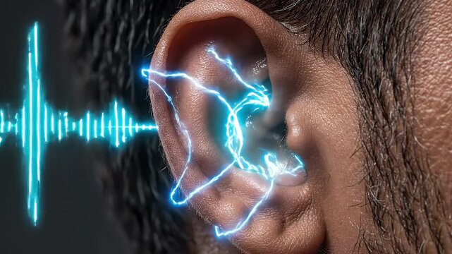 Audio Visualization Concept with Ear - A close-up view depicts an ear being stimulated by audio waves represented by glowing blue lines and an equalizer graphic.