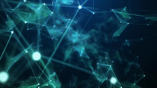 Complex network of interconnected geometric shapes and glowing nodes in a dark blue environment from a distant viewpoint