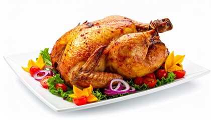 Golden roasted chicken on platter with garnishes