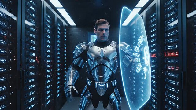 Cybersecurity Knight Protecting Digital Data - A futuristic knight protects digital information within a server room, deflecting an orange cyberattack with a blue shield.