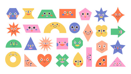 Cute simple geometric shapes characters with playful faces. Funny childish doodle emoji stickers. Perfect for children's decor, stickers, posters, patterns, educational objects, fun graphic projects. 