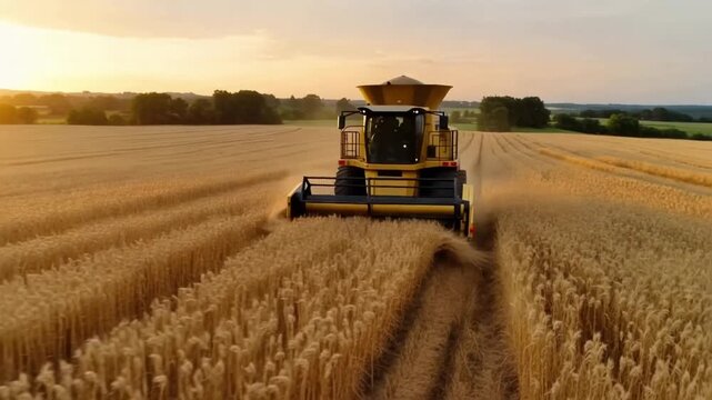 Harvester machine cutting golden wheat in a vast field at sunset, countryside landscape background