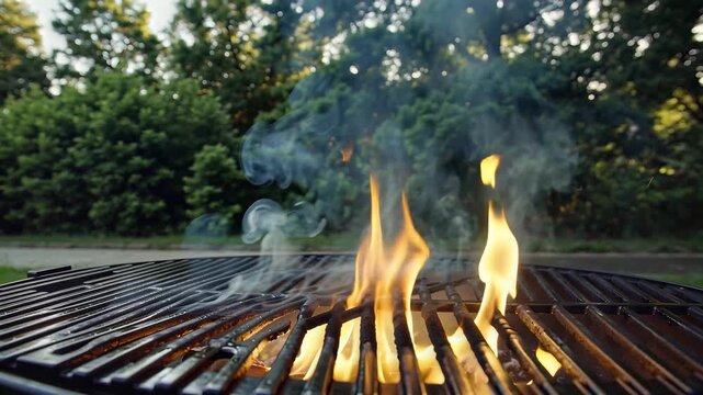 Empty BBQ Grill with Burning Fire Flames and Smoke in Outdoor Garden