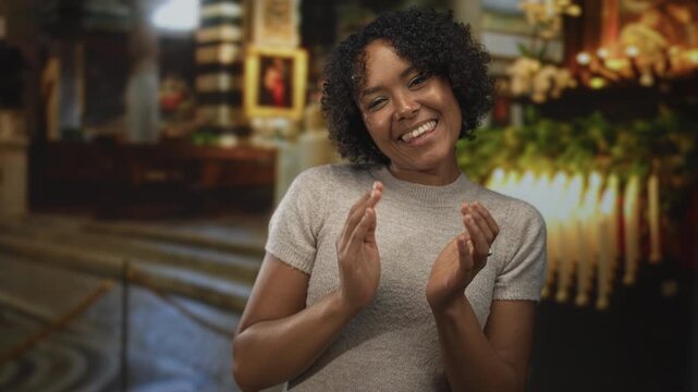 Woman smiling and clapping hands in church aisle under golden candlelight near wooden pews; worship celebration joy faith.