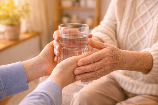 Elderly care senior healthcare aging population caregiver support gentle hand holding glass water comforting moment at home