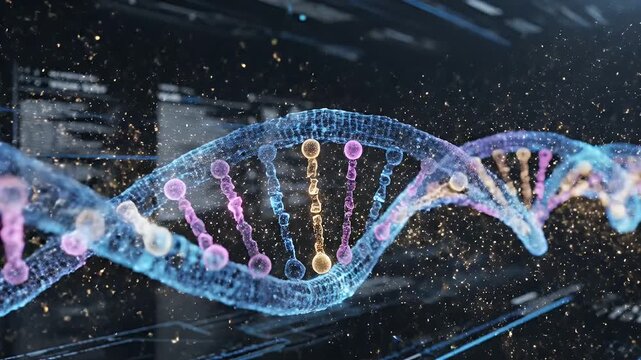 Futuristic DNA Helix Visualization - A double helix DNA structure is displayed against a dark background with a futuristic, stylized design.