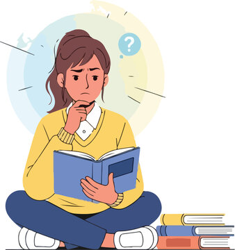 A concerned young student sits cross-legged on the floor with a book in her lap and a questioning expression, surrounded by stacked books against a clean white background with a thought
