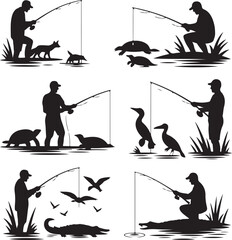 Silhouette of people fishing with various animals  men fishing rods wildlife