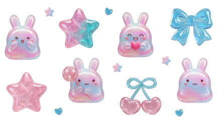 ゆめかわゼリー風3Dバニー＆スターセット ― ホログラフィックY2Kパステルアイコンコレクション