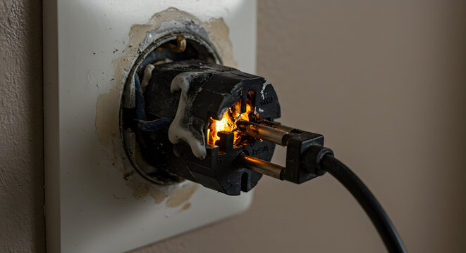 Close-up of a burning electrical socket with a melting plug. Dangerous short circuit and fire hazard in a wall outlet. Faulty wiring risk concept