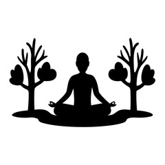 Person meditating peacefully between two stylized trees in silhouette Vector