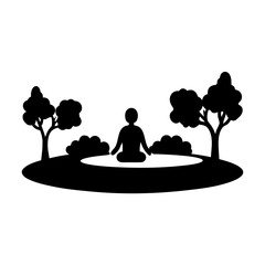 A person meditating serenely in a peaceful natural setting surrounded by trees. Vector