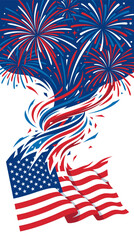 Fototapeta premium Festive fireworks display over an American flag, celebrating patriotism and national pride. The fireworks explode in vibrant red, white, and blue, creating a stunning visual display