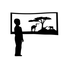 A child observing silhouetted animals in a framed savanna scene Vector