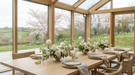 Fototapeta premium Bright sunlit conservatory dining room with a long wooden table set for a meal, elegant place settings, white and blush floral centerpieces, and a scenic countryside view.