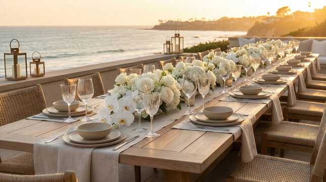 Elegant beachside dinner setup at golden hour with a long wooden table adorned by white floral centerpiece, candle lanterns, glassware, and stylish dinnerware along the coastline.